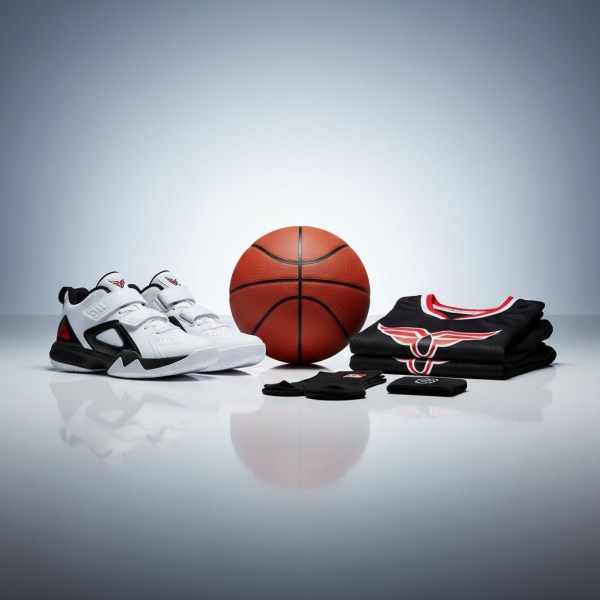 A white and black pair of shoes, a basketball, and a stack of black athletic apparel with a bull symbol on top.