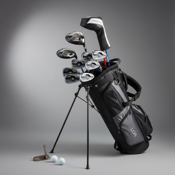 **Alt Text:** A set of golf clubs, including drivers, irons, and a putter, pose in an open golf bag along with golf balls ...