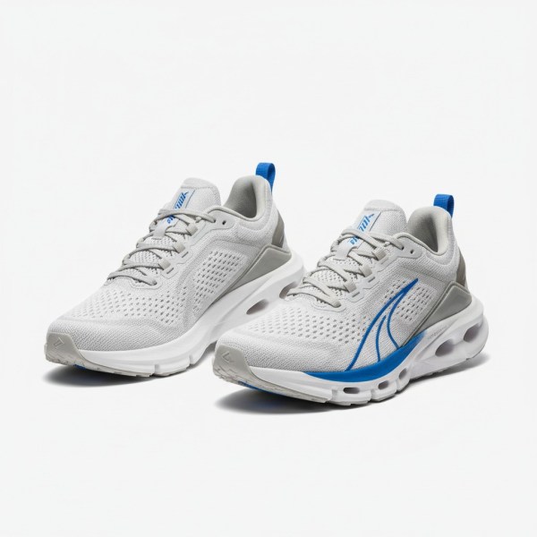 The alt text is: "A pair of white and blue Altra running shoes on a white background."