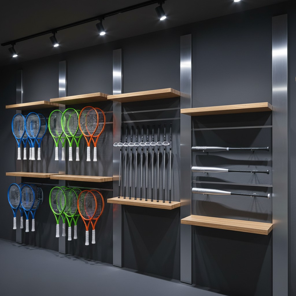 These dark gray metal shelves with light-colored wooden shelf brackets showcase an assortment of equipment commonly used i...