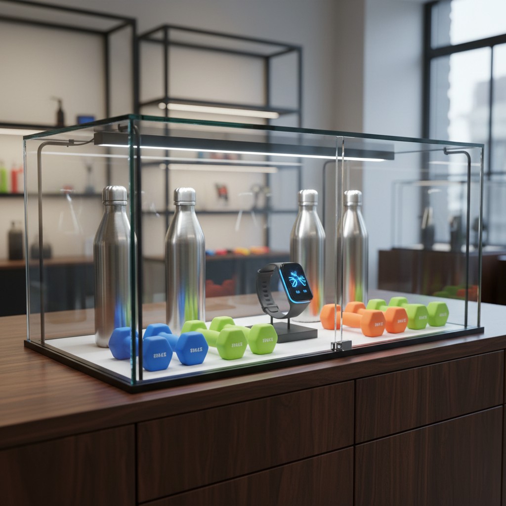 Glass display case with stainless steel water bottles, a smartwatch displaying a blue cyber bug, and a row of neon green a...