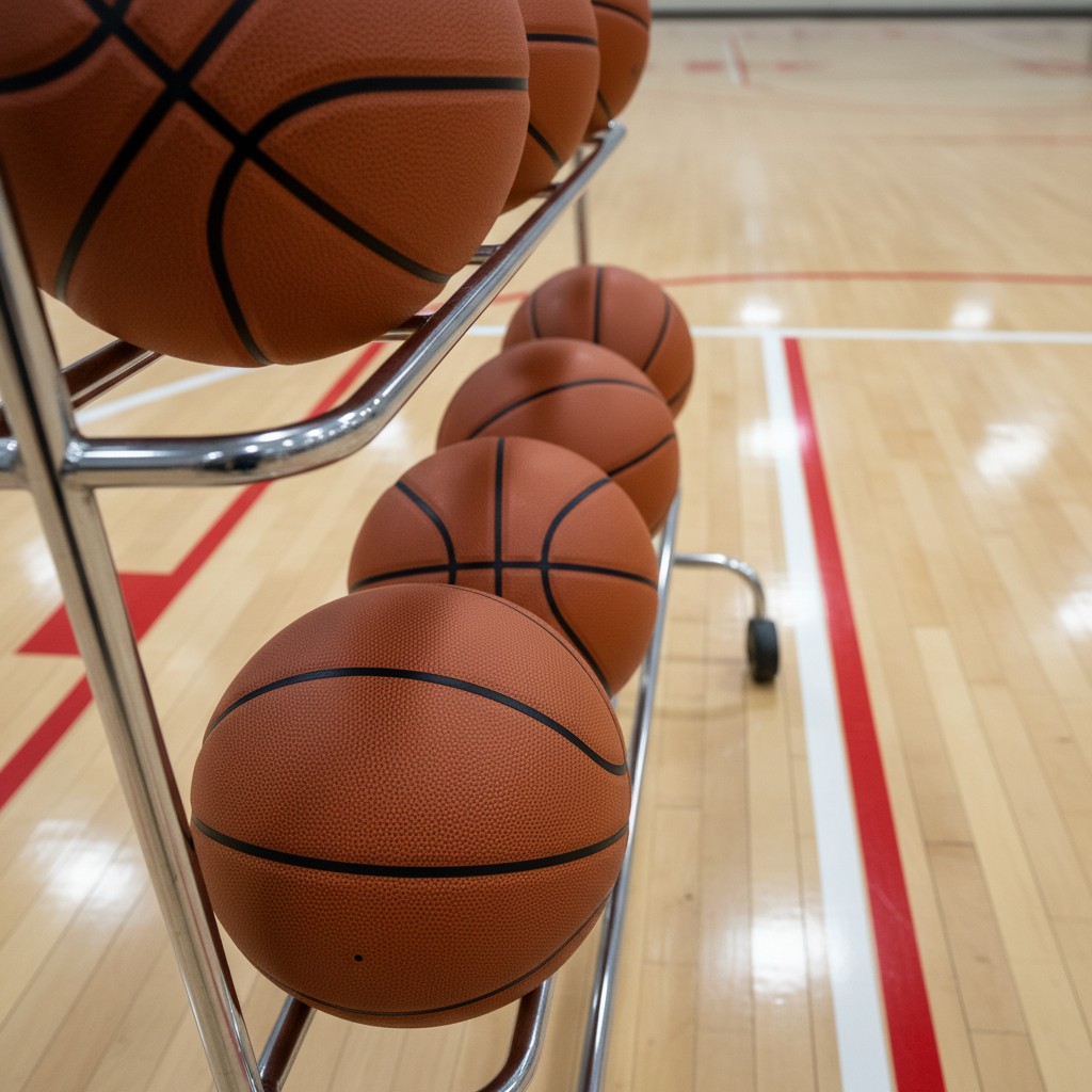 This image depicts a metal rack holding an assortment of basketballs, positioned on a wooden court with a red-whitish stri...