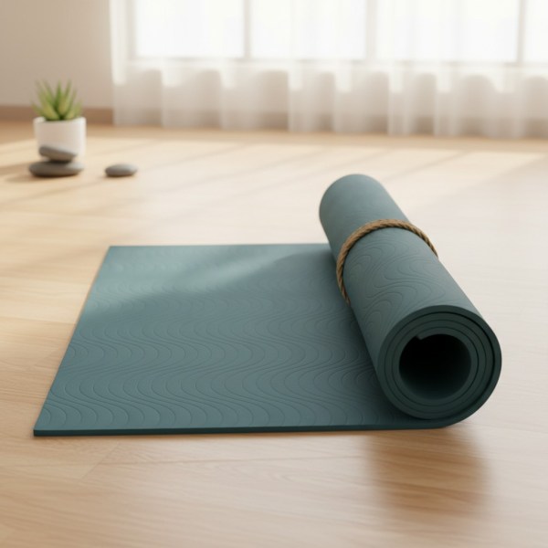 A yoga mat outstretched on a wooden floor in a well-lit room, possibly empty of people. The design of the mat is detailed ...